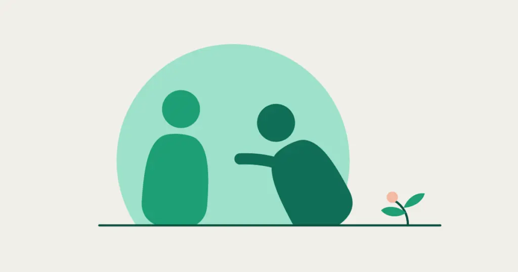 A figure leans far toward a calm, upright partner, one arm reaching out across the gap. A sprout grows nearby.
