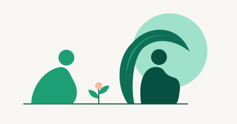 One seated figure leans toward another who sits turned away under a tall arching leaf; a sprout grows in the space between