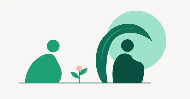 One seated figure leans toward another who sits turned away under a tall arching leaf; a sprout grows in the space between