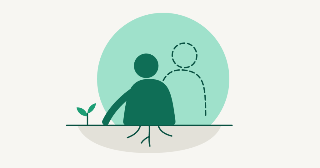 Dark green figure resting a hand on the ground by a sprout; a dashed outline of it drifts up and away