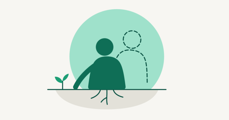 Dark green figure resting a hand on the ground by a sprout; a dashed outline of it drifts up and away