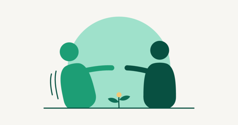 Two simple figures reach toward each other, arms nearly meeting; one leans back as it reaches. A sprout grows between them.