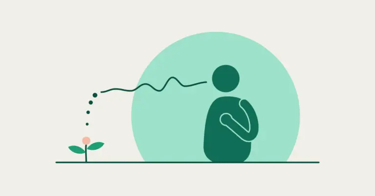 A seated figure with a hand on its chest breathes out a soft wavy line that settles into dots drifting down toward a sprout