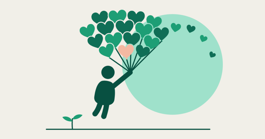 A person swept off the ground by a huge bunch of heart balloons while more hearts keep drifting in