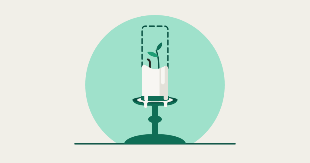 A melted candle stub on a teal candlestick, a dashed outline of its original height, and a sprout growing from the wax