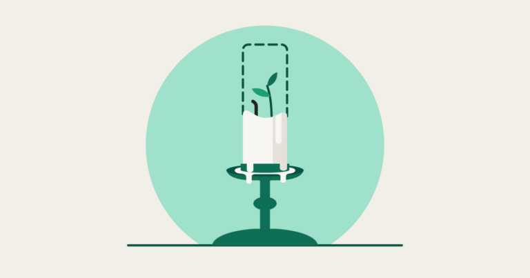 A melted candle stub on a teal candlestick, a dashed outline of its original height, and a sprout growing from the wax