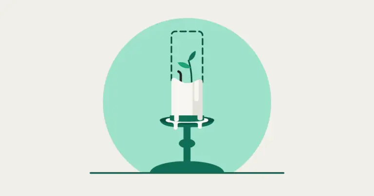 A melted candle stub on a teal candlestick, a dashed outline of its original height, and a sprout growing from the wax