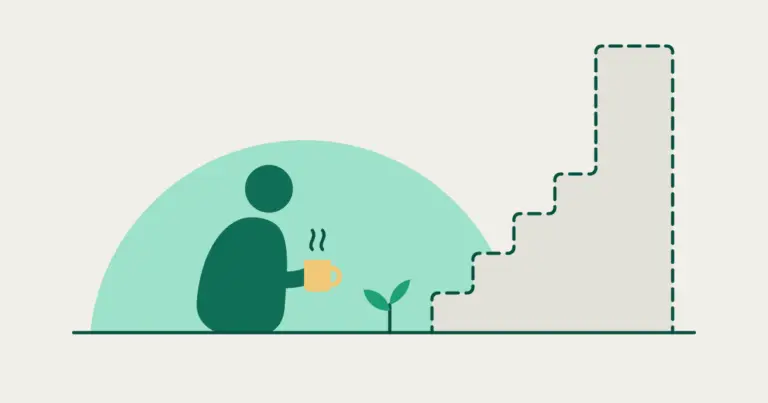 A seated figure holds a steaming mug at sunset, facing a dashed staircase whose last step towers; a sprout grows in between