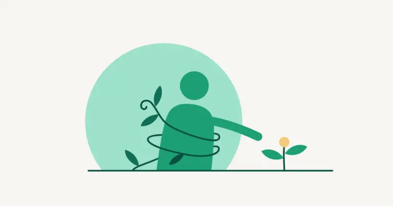 A simple figure, loosely wrapped in a leafy vine that grows from the ground, reaches toward a small sprout with a yellow bud